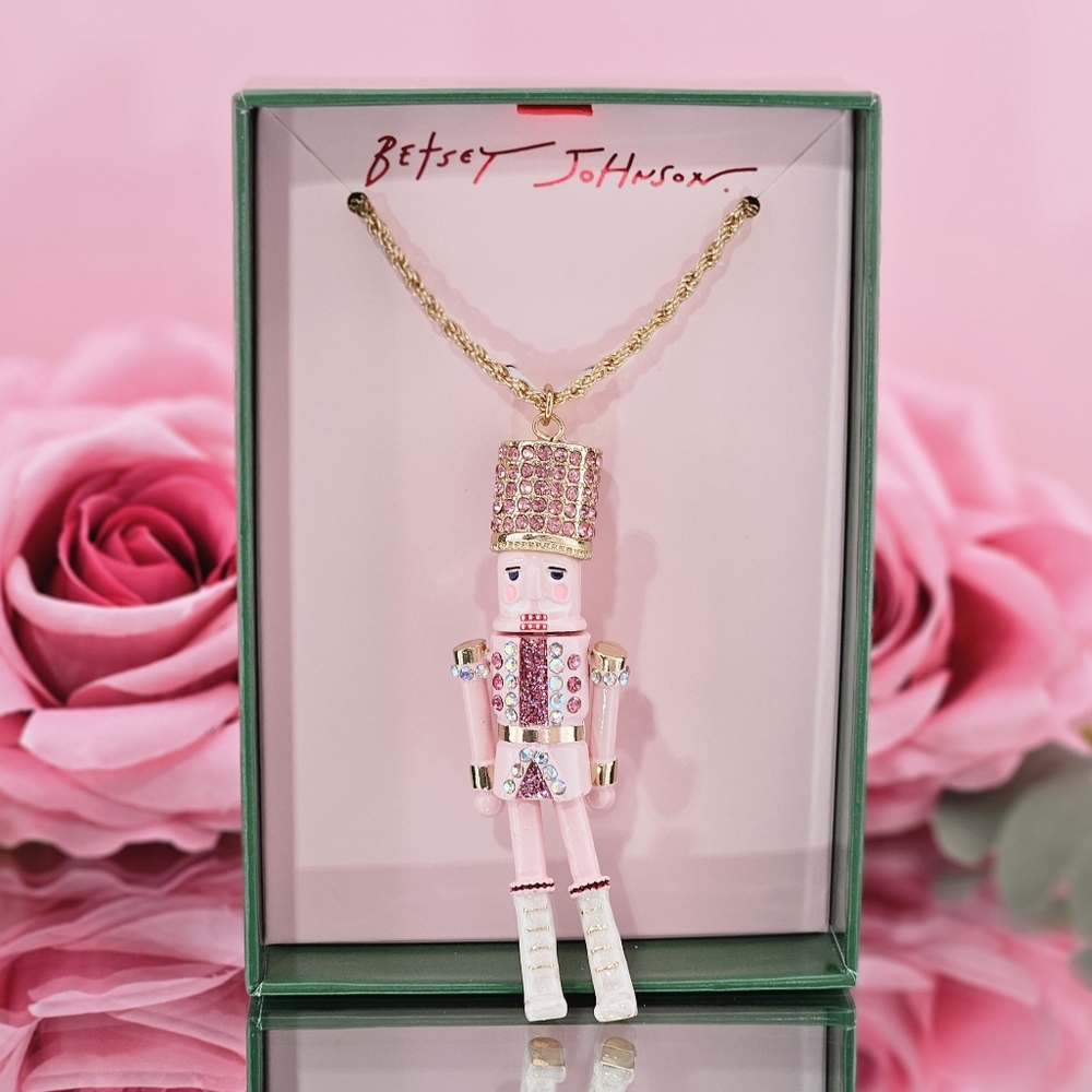 Betsey Johnson Pink Gold Tone Nutcracker Necklace Christmas Holiday Party Gift - Picture 2 of 5